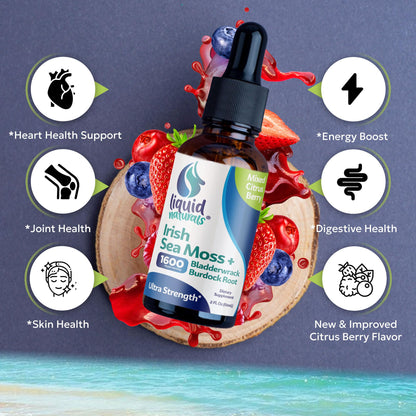 Irish Sea Moss Drops - Citrus Berry Flavor - 92+ Essential Minerals & Vitamins - Energy, Skin, Gut, Recovery - Bladderwrack and Burdock Root - 2 fl. oz