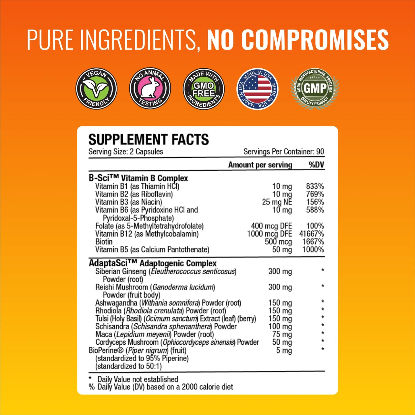 Approved Science Energysyl - Caffeine Free - with Adaptogens, B Vitamins, and Bioperine - 1 Month Supply - 60 Capsules - Made in The USA