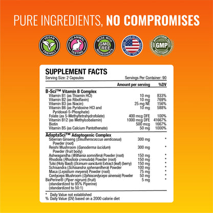 Approved Science Energysyl - Caffeine Free - with Adaptogens, B Vitamins, and Bioperine - 1 Month Supply - 60 Capsules - Made in The USA
