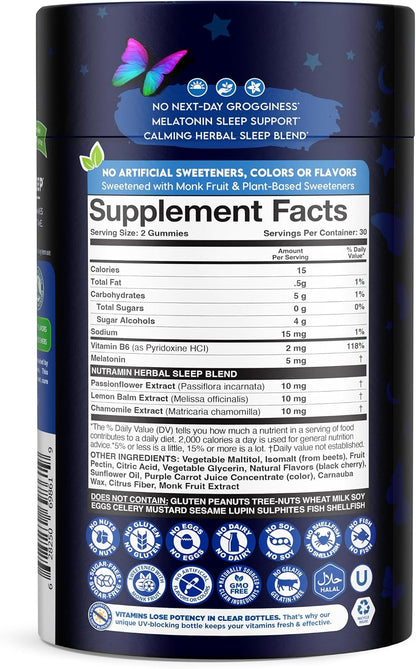 NUTRAMIN Sleep Boost - Dual Sleep Formula Melatonin + Herbal Blend - Sugar-Free, Vegan, Apple Pectin, Dark Cherry 60 ct