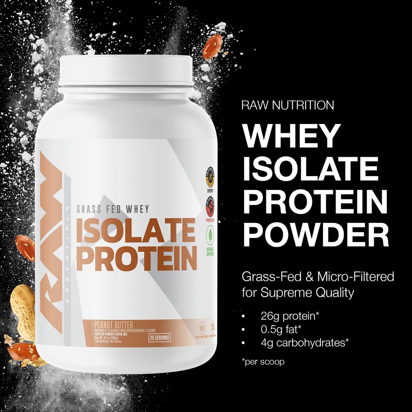 RAW Whey Isolate Protein Powder, Dark Chocolate - 100% Grass-Fed Sports Nutrition Whey Protein Powder for Muscle Growth & Recovery - Low-Fat, Low Carb, Naturally Flavored & Sweetened - 25 Servings