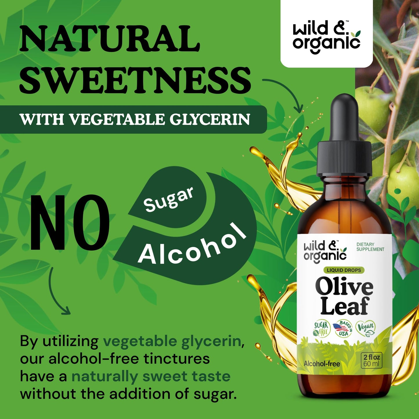 Wild & Organic Olive Leaf Extract Liquid Drops - Immune & Antioxidant Support - Oleuropein Supplement - Add to Tea Olive Leaf Tincture - Vegan, Sugar & Alcohol Free - 4 fl oz