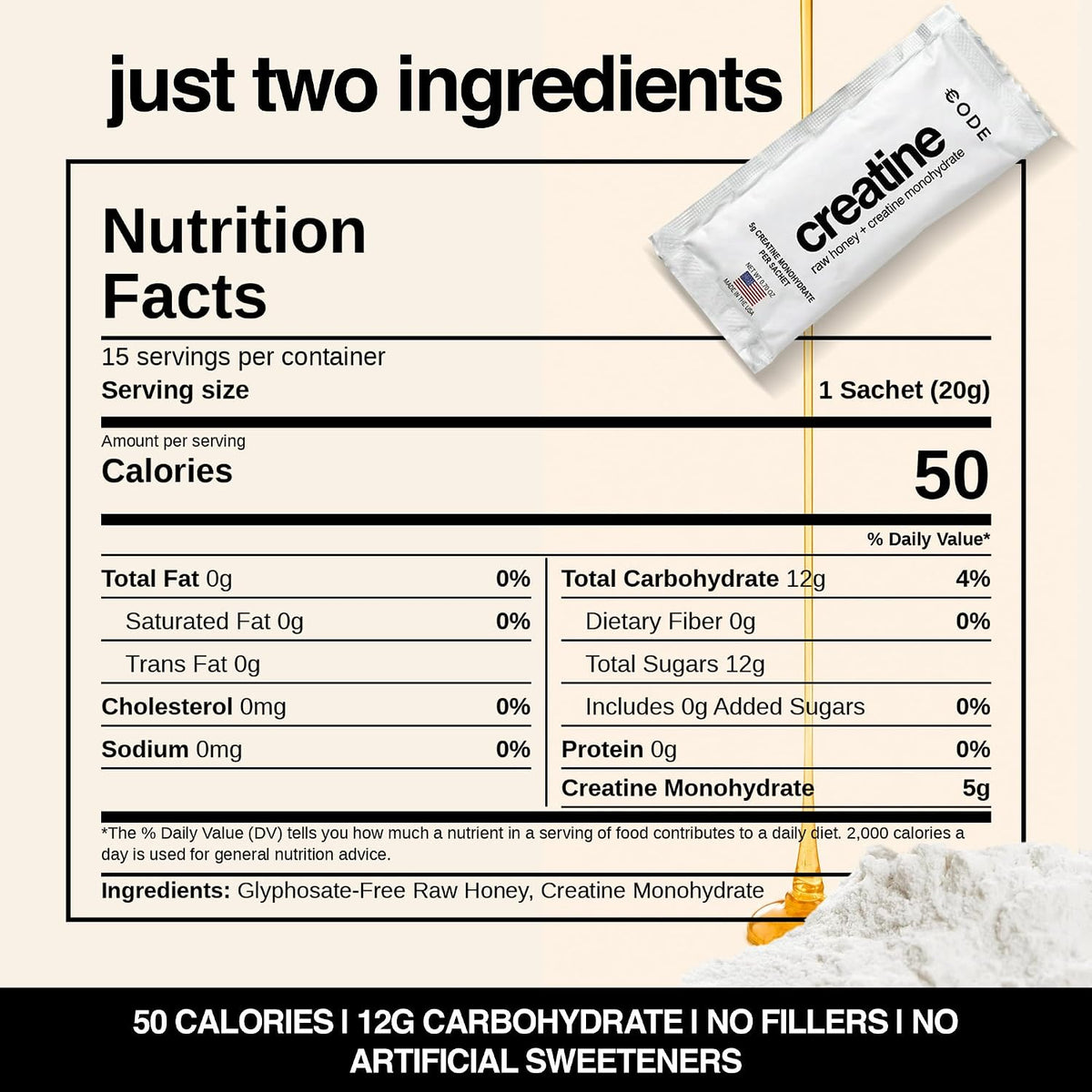 CODE Creatine Honey, 5g Creatine Monohydrate Gel, No Powder, 15 Count