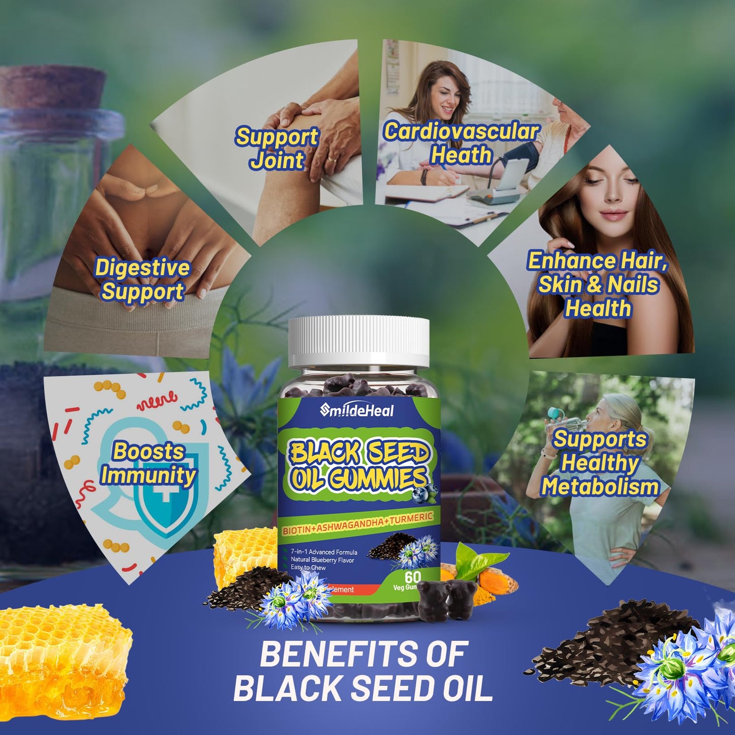 Black Seed Oil Gummies, Organic Black Cumin Seed Oil Gummies, Black Cumin Seed Oil Organic 500mg, Chewable Black Seed and Honey Gummies, Vegan, 60 Gummies