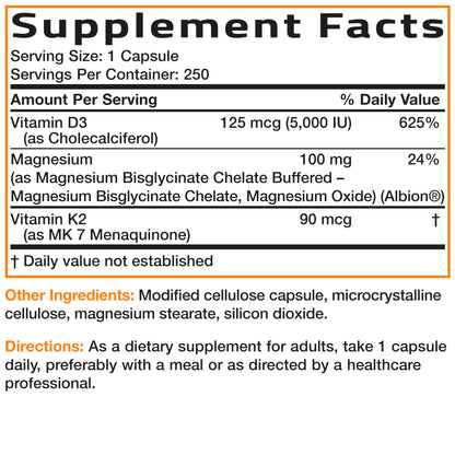 Bronson Vitamin K2+D3 Magnesium Glycinate Supplement, 60 Capsules | 3-in-1 Bone & Heart Health Support Formula, Non-GMO, Gluten Free, Soy Free