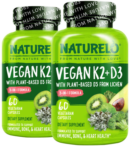 NATURELO Vitamin D3 K2 - Vegan with Plant Based D3 from Lichen - Natural Supplement for Immune System, Bone Support, Heart Health - Whole Food - Non-GMO - Gluten Free, 60 Capsules