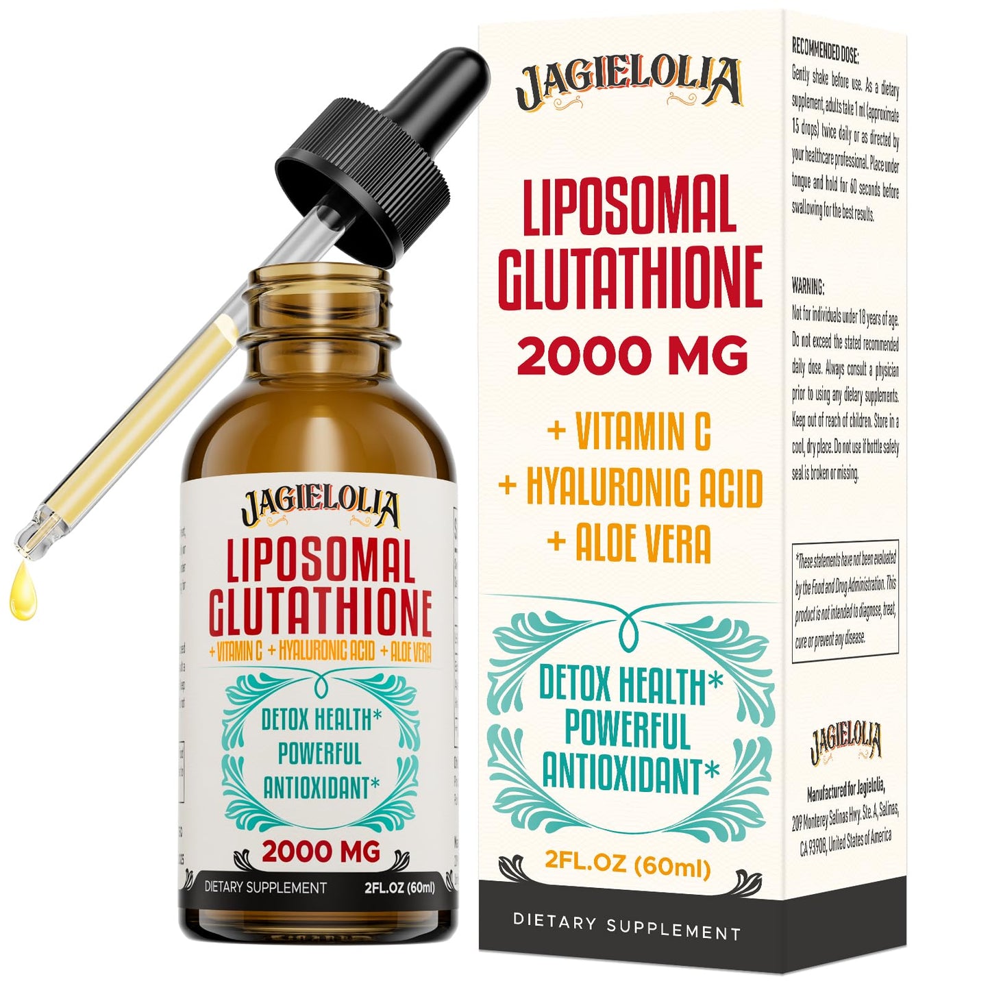 Jagielolia 2000MG Liposomal Glutathione Liquid, Made in The USA, Reduced Glutathione Supplement, Enhanced Absorption, Non-GMO, Powerful Antioxidant for Immune System, Energy, Aging Defense, 2 Floz