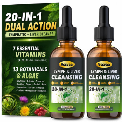 20-in-1 Liposomal Lymphatic Drainage Drops & Liver Cleanse Detox - Fast-Absorbing Lymphatic Support Liquid Drops with Milk Thistle, Dandelion, Burdock & Fucoxanthin, Raspberry, 2 Fl Oz