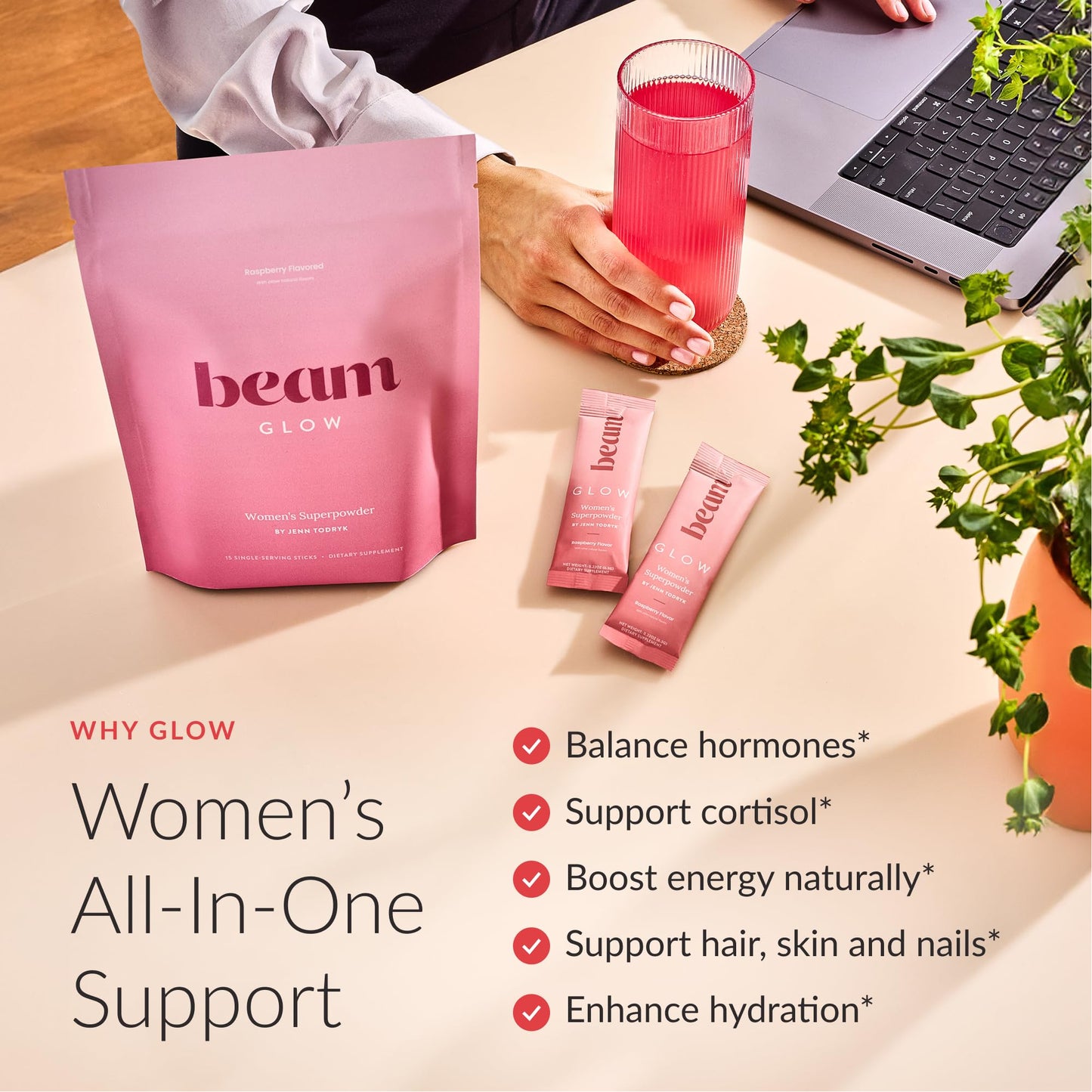 BEAM Glow Hormone Support & Cortisol Supplement for Women - Daily Vitamins for Women with Ashwagandha, Selenium, Zinc, Vitamin A, Biotin for Cycle Health, Mood & Energy, Strawberry Kiwi, 15 Servings