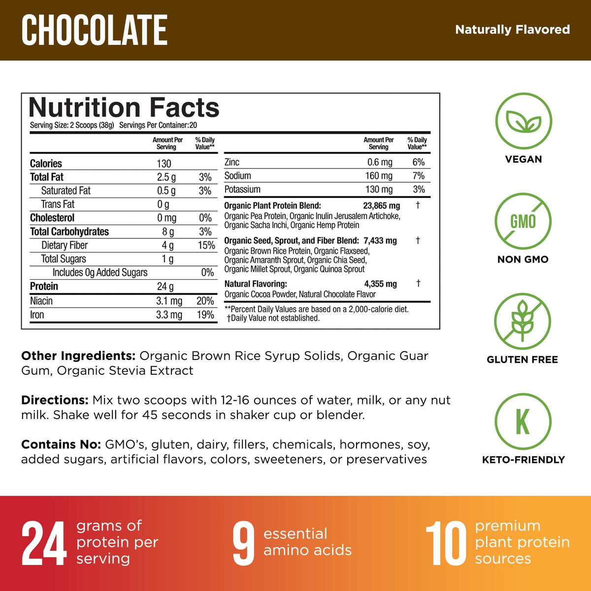 Organic Vegan Protein Powder - Plant Based Chocolate Protein Powder with Pea, Hemp