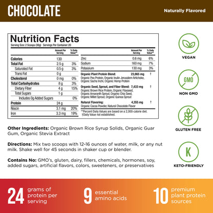 Organic Vegan Protein Powder - Plant Based Chocolate Protein Powder with Pea, Hemp