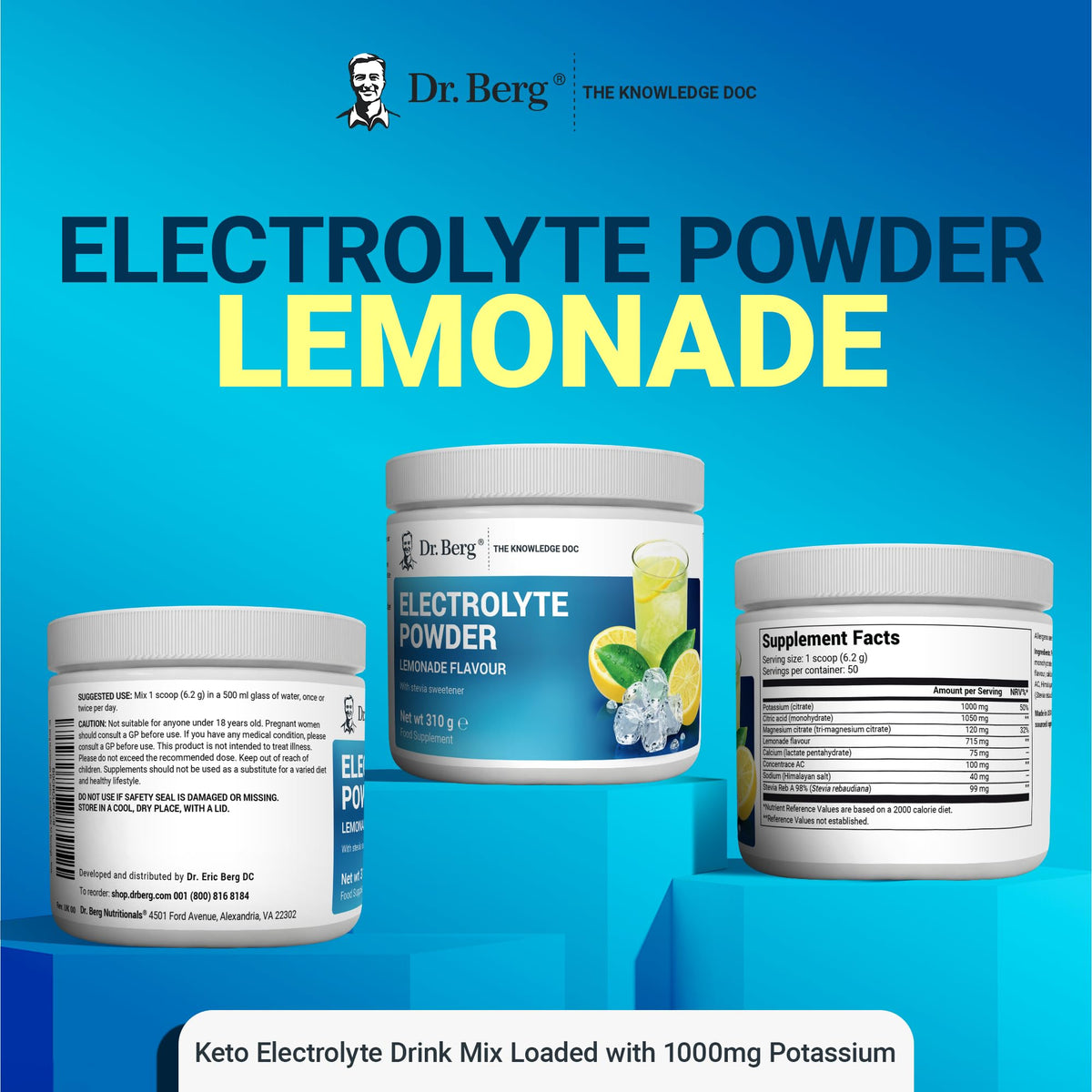 Dr. Berg Electrolyte Powder - Electrolyte Drink Supplements with 1000mg Potassium