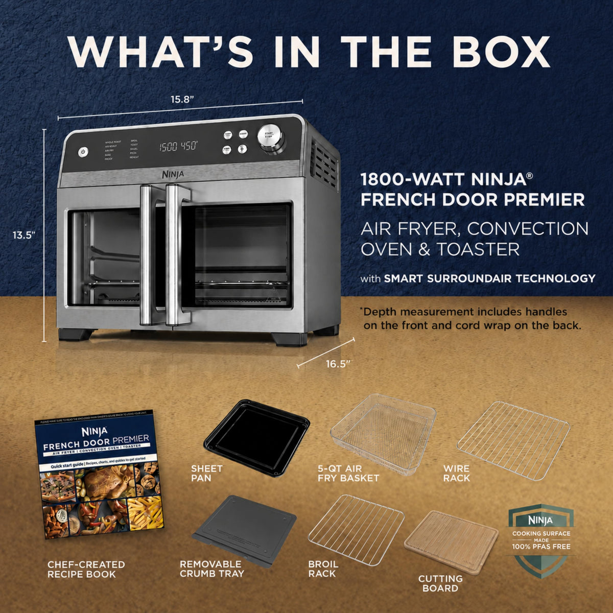 Ninja French Door Premier Air Fry Oven with Cutting Board, Steel, FO103