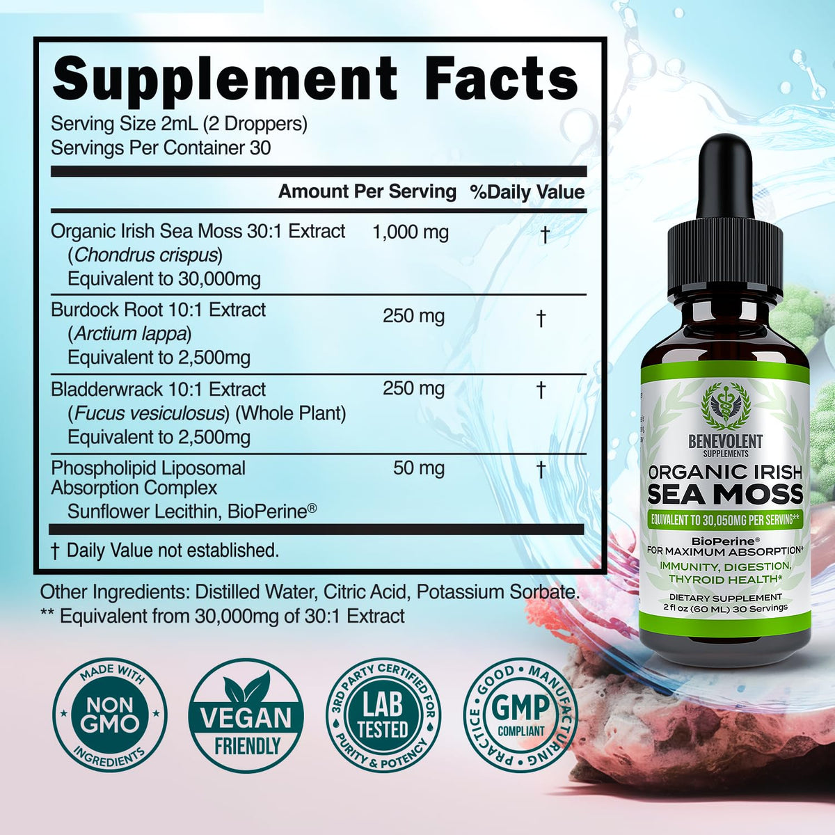 Irish Sea Moss Drops 2oz - Irish Sea Moss Organic, Burdock Root, Bladderwrack & BioPerine