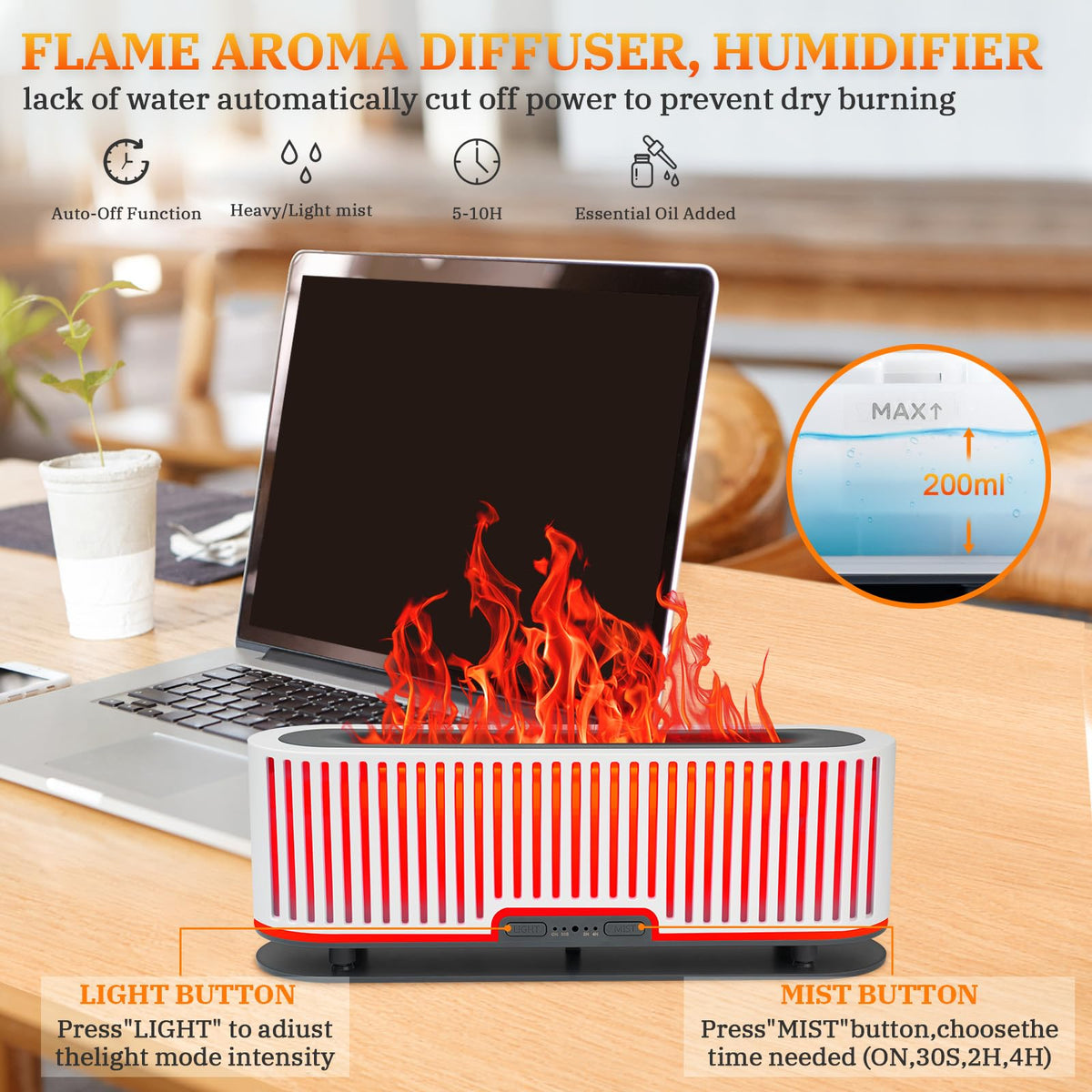 Comfynest Colorful Flame Air Aroma Diffuser Humidifier 7 Flame Colors,200ml Essential Oil