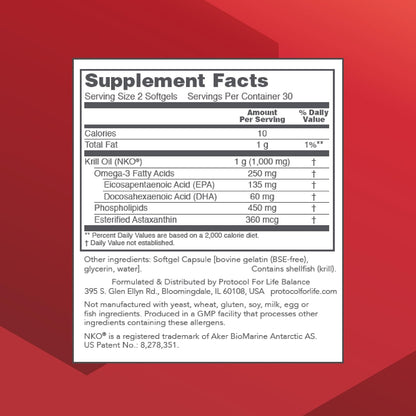 PROTOCOL FOR LIFE BALANCE Krill Oil 1,000mg, DHA & EPA, 60 Softgels | Extra Strength Krill Oil Supplement, DHA and EPA, with Astaxanthin, Support Heart, Brain, Joints*, Non-GMO and Halal