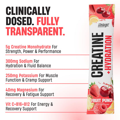 Nutrex Research Essentials Creatine + Hydration Stick Packs, 5g Creatine + Electrolytes, Sugar Free, Gluten Free, Strawberry Watermelon, 15 On-The-Go Stick Packs