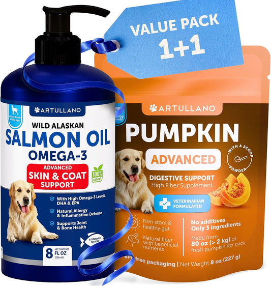 Pumpkin Powder for Dogs + Salmon Oil Bundle - Fiber Supplement for Digestion, Gut Balance & Firm Stool - Omega 3 with EPA & DHA for Skin, Coat, Joint & Allergy Support