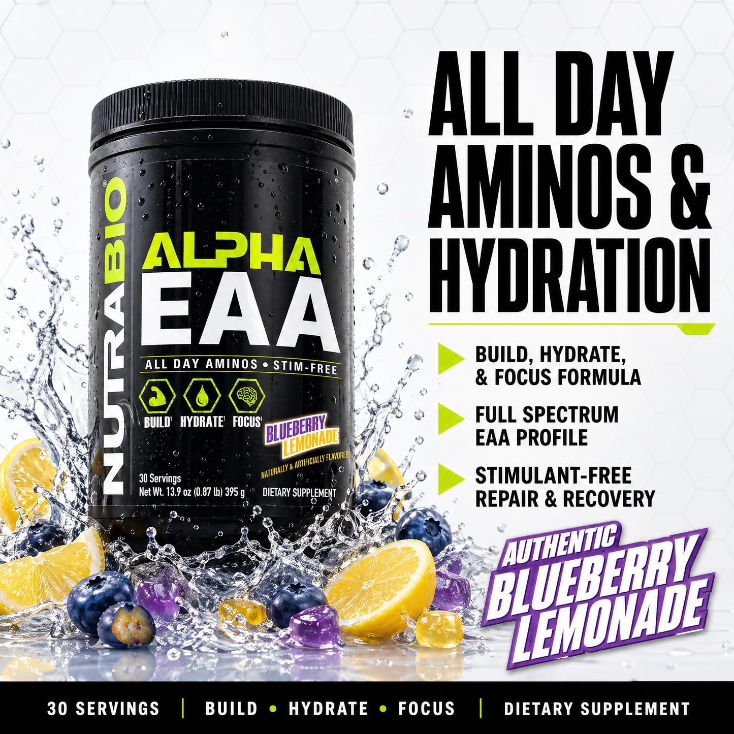NutraBio Alpha EAA - All-Day Amino Acids for Muscle Growth and Hydration - Essential Amino Acids with Nootropics & Adaptogens- Full Spectrum EAA BCAA Powder - 30 Servings - Strawberry Lemon