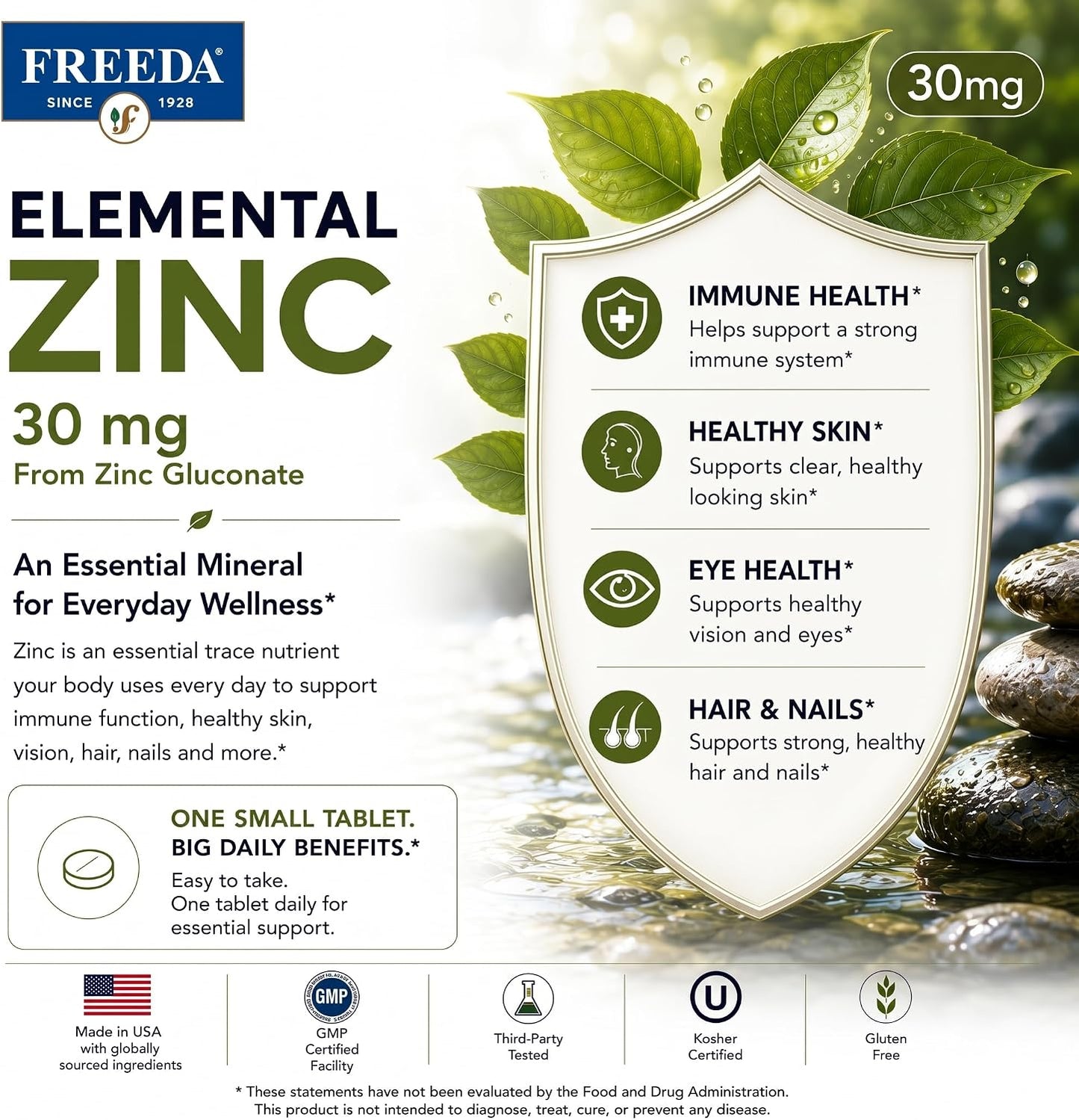 FREEDA Elemental Zinc 30mg – Vegan Immune, Skin & Eye Support – 100 Tabs | Tiny Easy-to-Swallow Tablets Made with Zinc Gluconate – Gluten-Free, Kosher, and Made in USA GMP-Compliant Facilities
