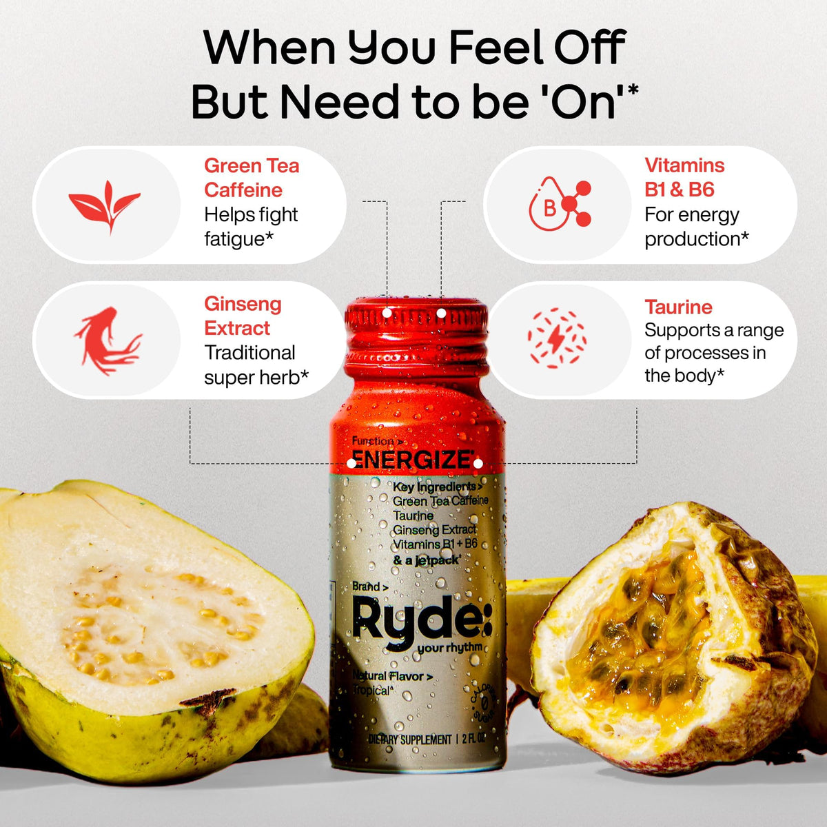 RYDE Energize Energy Shot, Tropical Flavor, Zero Sugar, 2 fl oz, 8 Pack