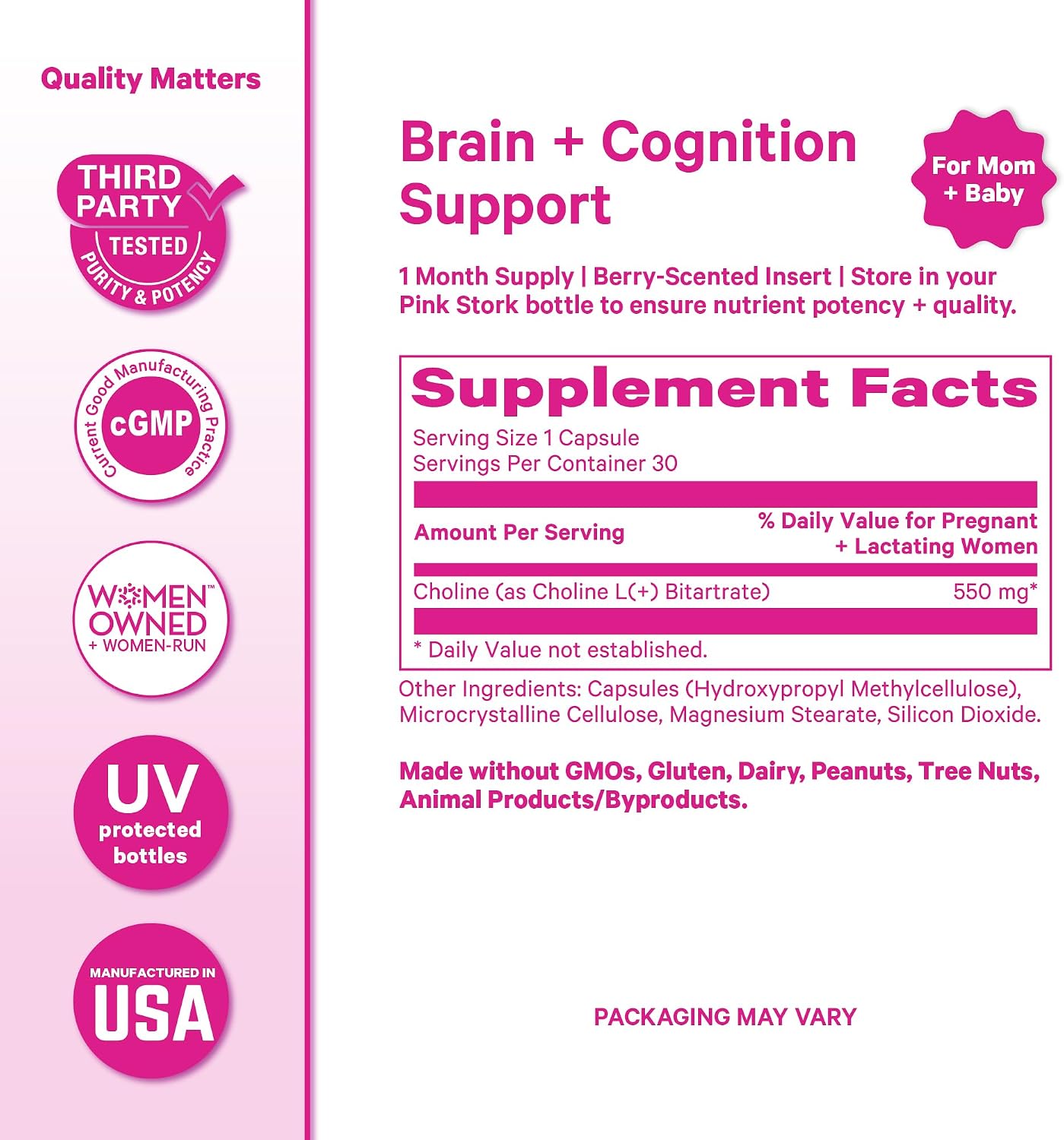 Pink Stork Choline Bitartrate from VitaCholine, 550 mg, 30 Count | Prenatal Vitamin for Pregnancy + Postpartum Moms, Fetal Cognitive Health + Breast Milk Quality, Maternal Cognition + Clarity