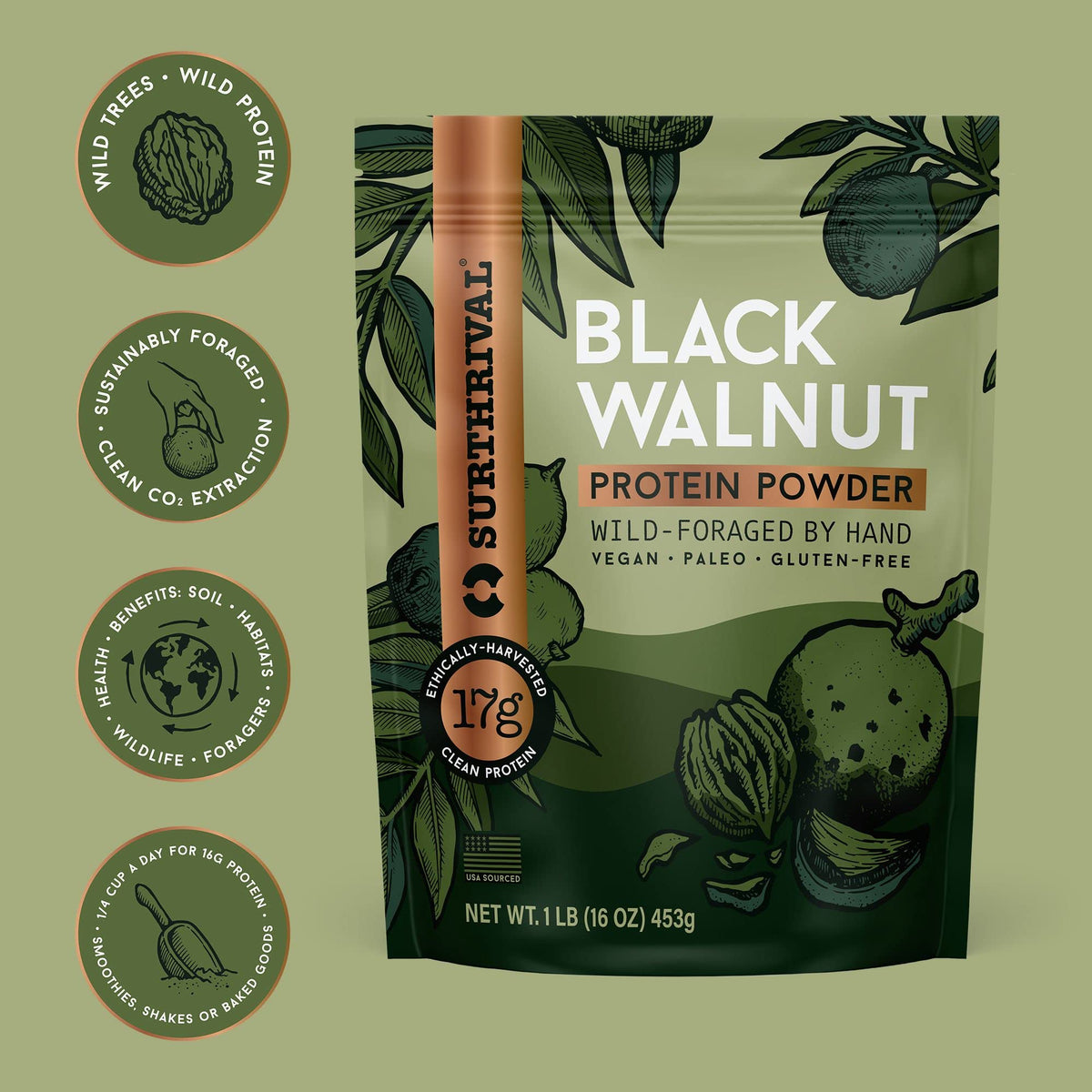 Surthrival: Black Walnut Protein Powder, Wild-Foraged, Ethically-Harvested, 17g Protein