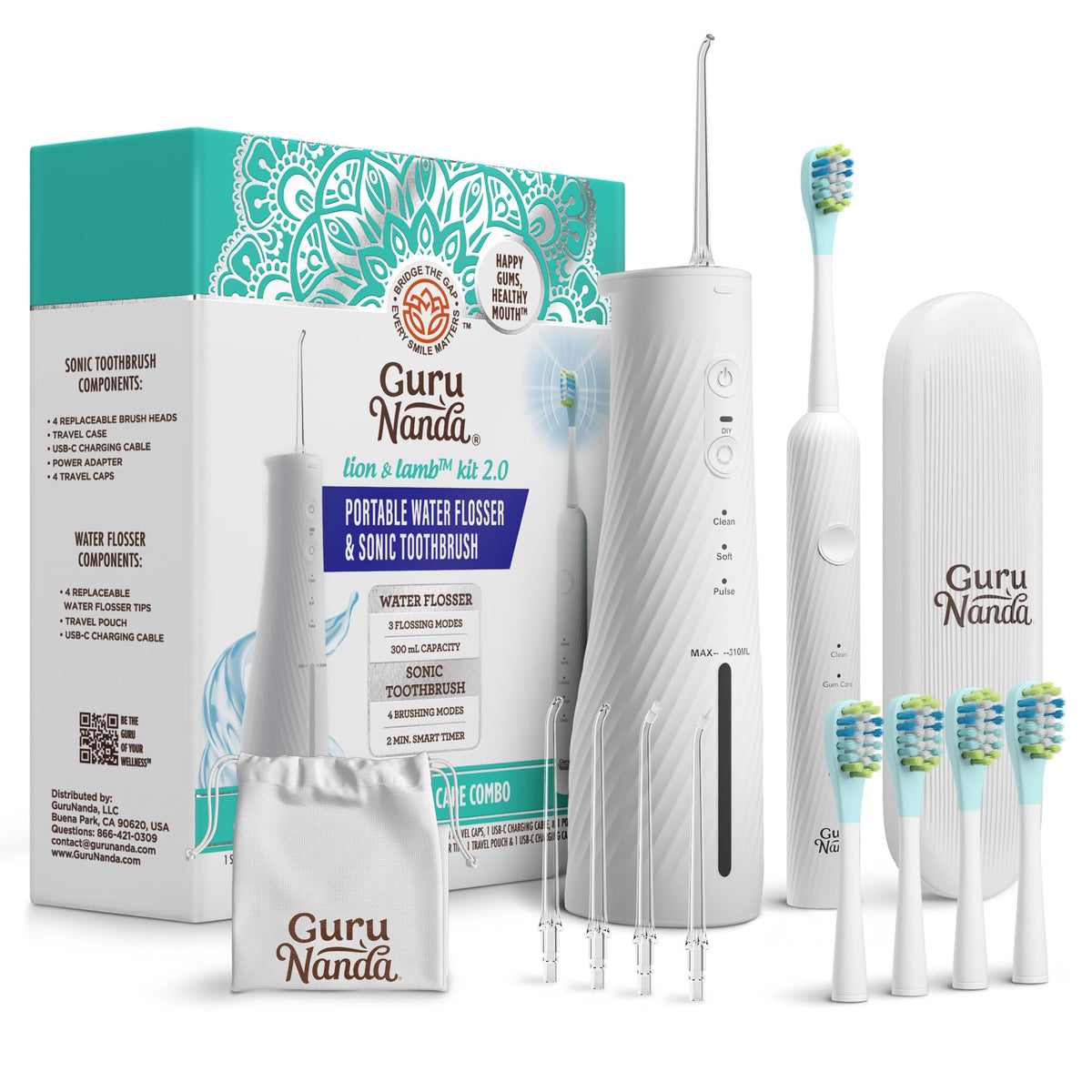 GuruNanda Electric Toothbrush & Water Flosser, 4 Toothbrush Heads, 4 Tips