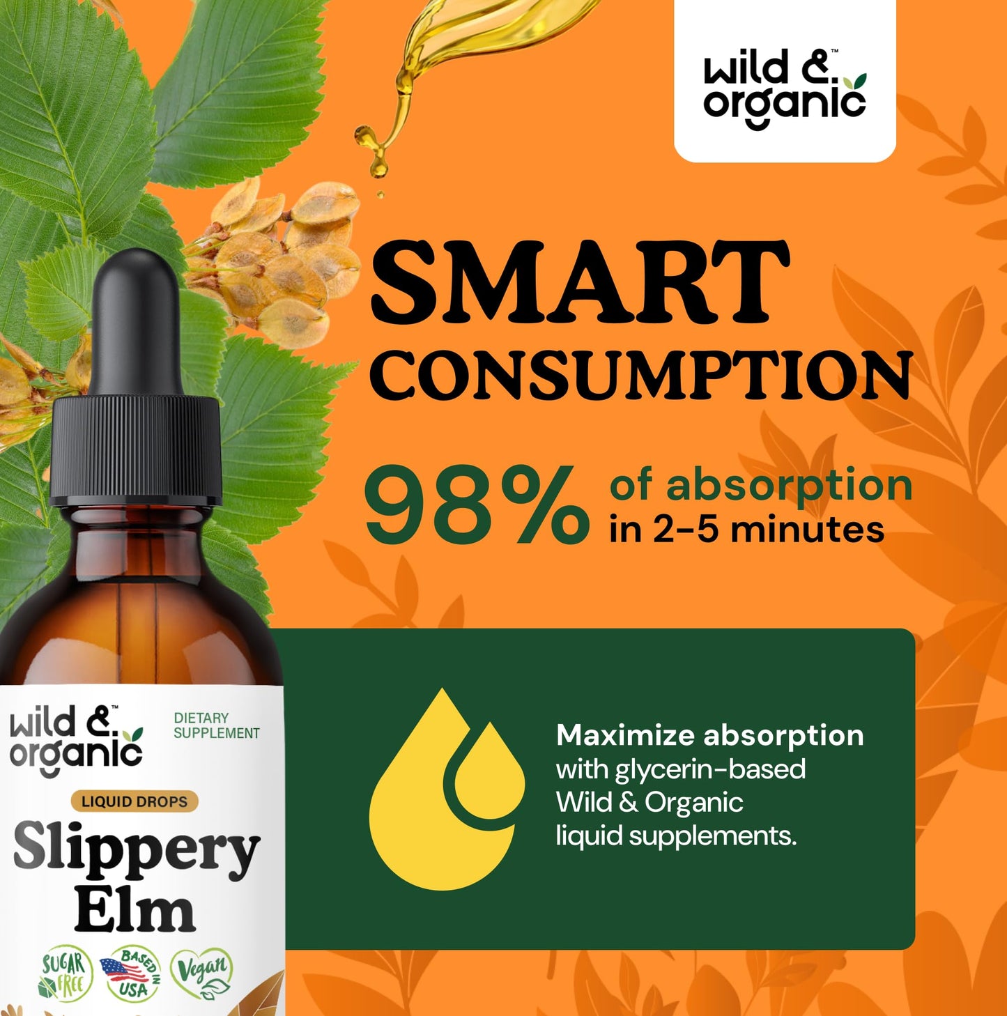 Wild & Organic Slippery Elm Liquid Drops - Lung, Digestive & Women's Support - Slippery Elm Bark Supplement - Add to Tea Tincture - Ulmus Rubra Herb - Vegan, Sugar & Alcohol-Free - 4 fl oz