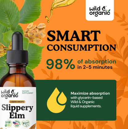 Wild & Organic Slippery Elm Liquid Drops - Lung, Digestive & Women's Support - Slippery Elm Bark Supplement - Add to Tea Tincture - Ulmus Rubra Herb - Vegan, Sugar & Alcohol-Free - 4 fl oz
