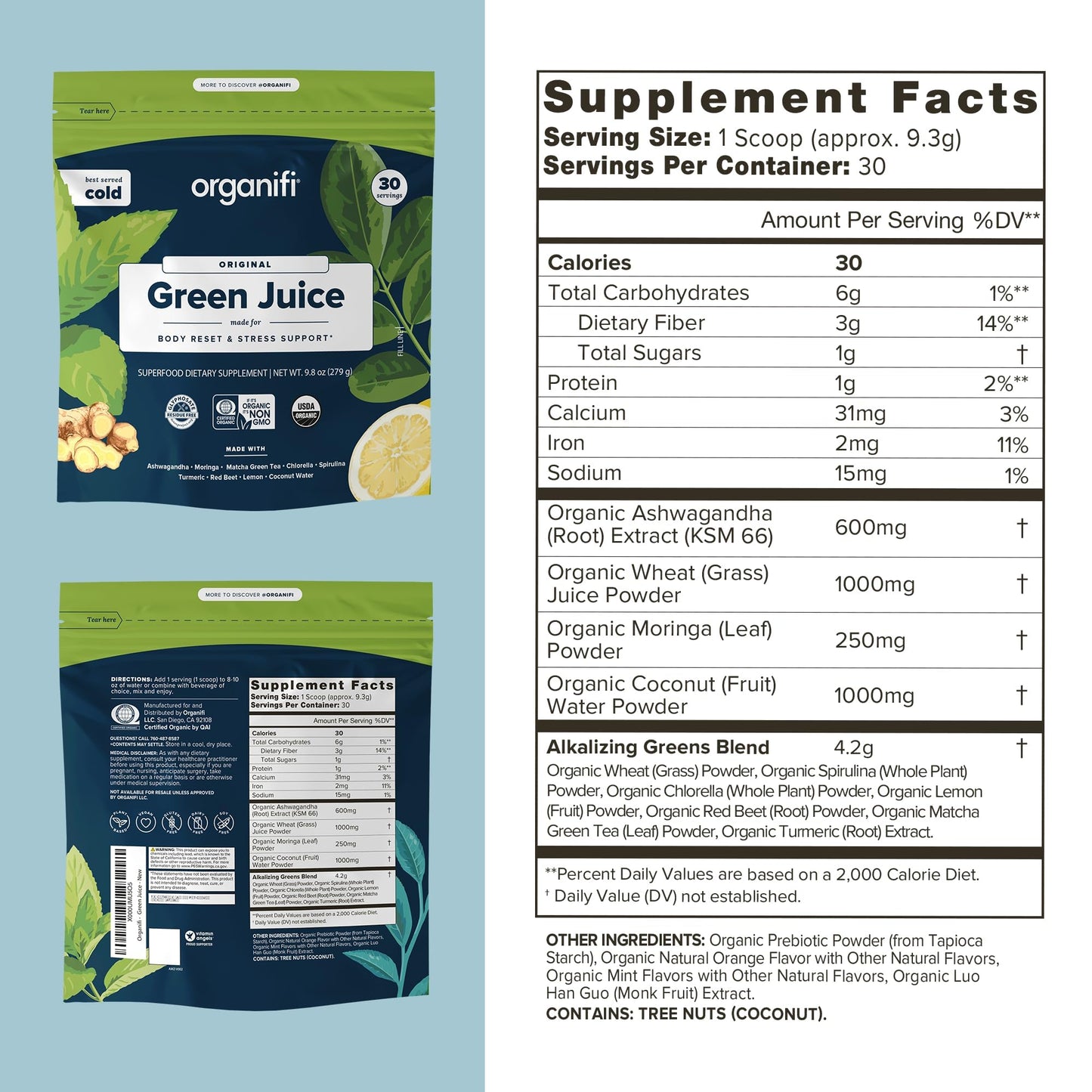 Organifi Green Juice - Powder Supplement with Organic Spirulina, Ashwagandha, and Chlorella - Helps Achieve Fitness Goals and Reduce Cortisol Levels, 30-Day Supply
