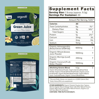 Organifi Green Juice - Powder Supplement with Organic Spirulina, Ashwagandha, and Chlorella - Helps Achieve Fitness Goals and Reduce Cortisol Levels, 30-Day Supply