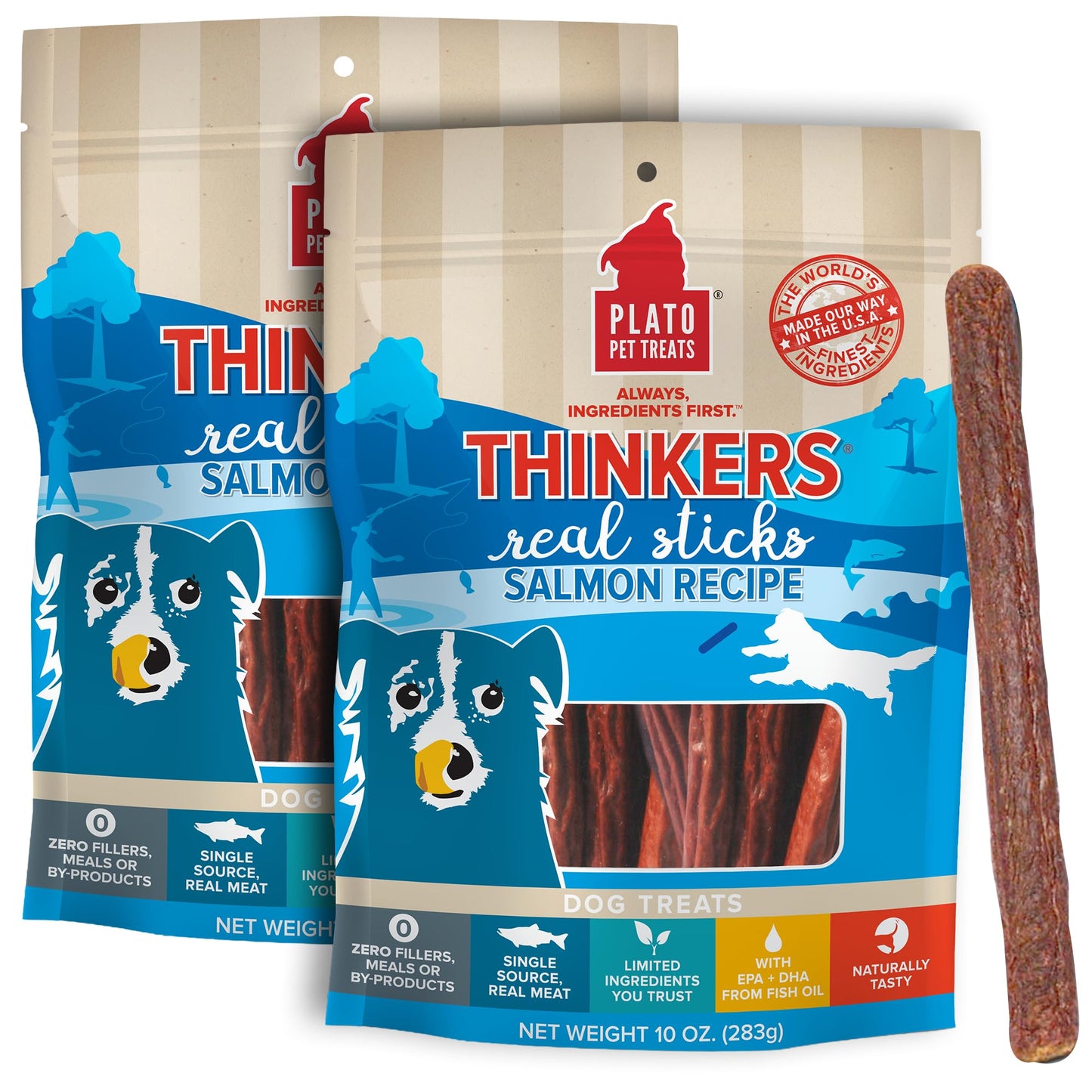 Plato Pet Treats Thinkers - Meat Stick Treats for Dogs - Limited Ingredient with EPA and DHA to Support Skin, Coat, and Brain - Air-Dried - Thinkers Salmon 10oz - 2 Pack