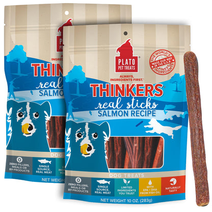 Plato Pet Treats Thinkers - Meat Stick Treats for Dogs - Limited Ingredient with EPA and DHA to Support Skin, Coat, and Brain - Air-Dried - Thinkers Salmon 10oz - 2 Pack