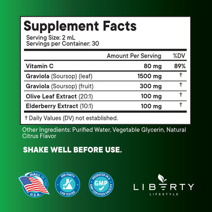 Liberty Lifestyle Soursop Liquid with Soursop Fruit and Leaves, Elderberry, Vitamin C and Olive Leaf - Multimineral & Vitamins Superfood - 4 oz