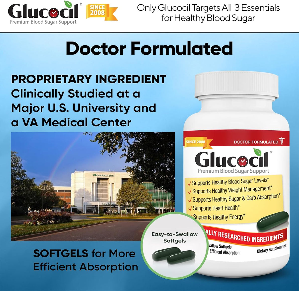Glucocil – Softgels - Premium Blood Sugar Support - New Clinical Study Published March 2026-3 Million Bottles Sold - Supports the 3 Essentials for Healthy Blood Sugar - Since 2008