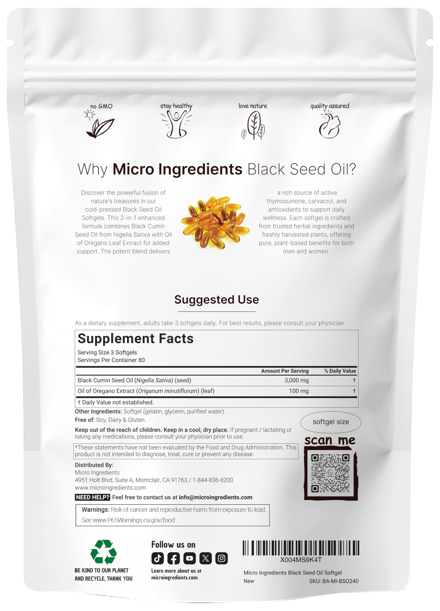 Micro Ingredients Black Seed Oil Softgels, 3,000mg, 240 Count | 2-in-1 Formula with Oil of Oregano, Carvacrol & Thymoquinone | Plant Based, Non-GMO