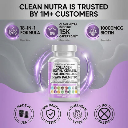 Clean Nutraceuticals Collagen Pills 1000mg Biotin 10000mcg Keratin Saw Palmetto Hyaluronic Acid - Hair Skin & Nails Vitamins & DHT Blocker with Vitamin E Folic Acid Pumpkin Seed MSM - 90 Count