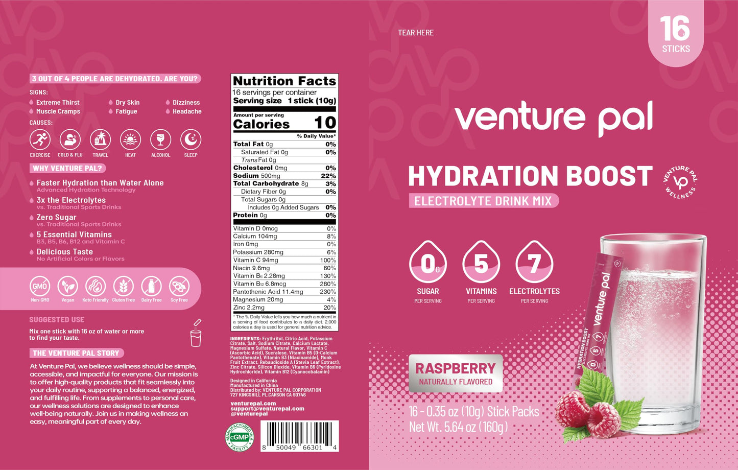 Venture Pal Sugar Free Electrolyte Powder, Liquid Daily IV Hydration Packet | 7 Electrolytes & 5 Vitamins, Electrolytes Dink Mix for Party Recovery & Instantly Hydration, Vegan, Keto-Friendly, 16 Sticks