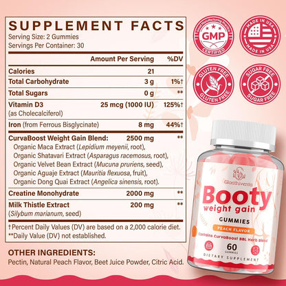 Booty Gummies for Women, BBL Gummies Contains CurvaBoost BBL Herb Blend & Creatine Monohydrate for Booty, Curves & Energy, Zero Sugar, Vegan, Peach Flavor - 60 Counts