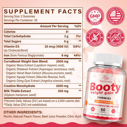 Booty Gummies for Women, BBL Gummies Contains CurvaBoost BBL Herb Blend & Creatine Monohydrate for Booty, Curves & Energy, Zero Sugar, Vegan, Peach Flavor - 60 Counts
