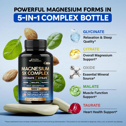 Magnesium Supplement - 5 in 1 Complex | Glycinate | Citrate | Malate | Taurate | Oxide - for Women & Men - Stress, Muscle & Heart Support - Vegan, Natural, Non-GMO - 180 Capsules, 2 Month Supply