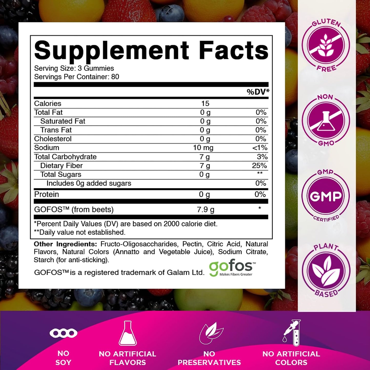 Vitamatic Prebiotic Fiber Gummies for Adults, 7G Extra Strength, Zero Sugar Added, 240 Pectin Based Gummies, Digestive Health & Regularity Support