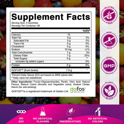 Vitamatic Prebiotic Fiber Gummies for Adults, 7G Extra Strength, Zero Sugar Added, 240 Pectin Based Gummies, Digestive Health & Regularity Support
