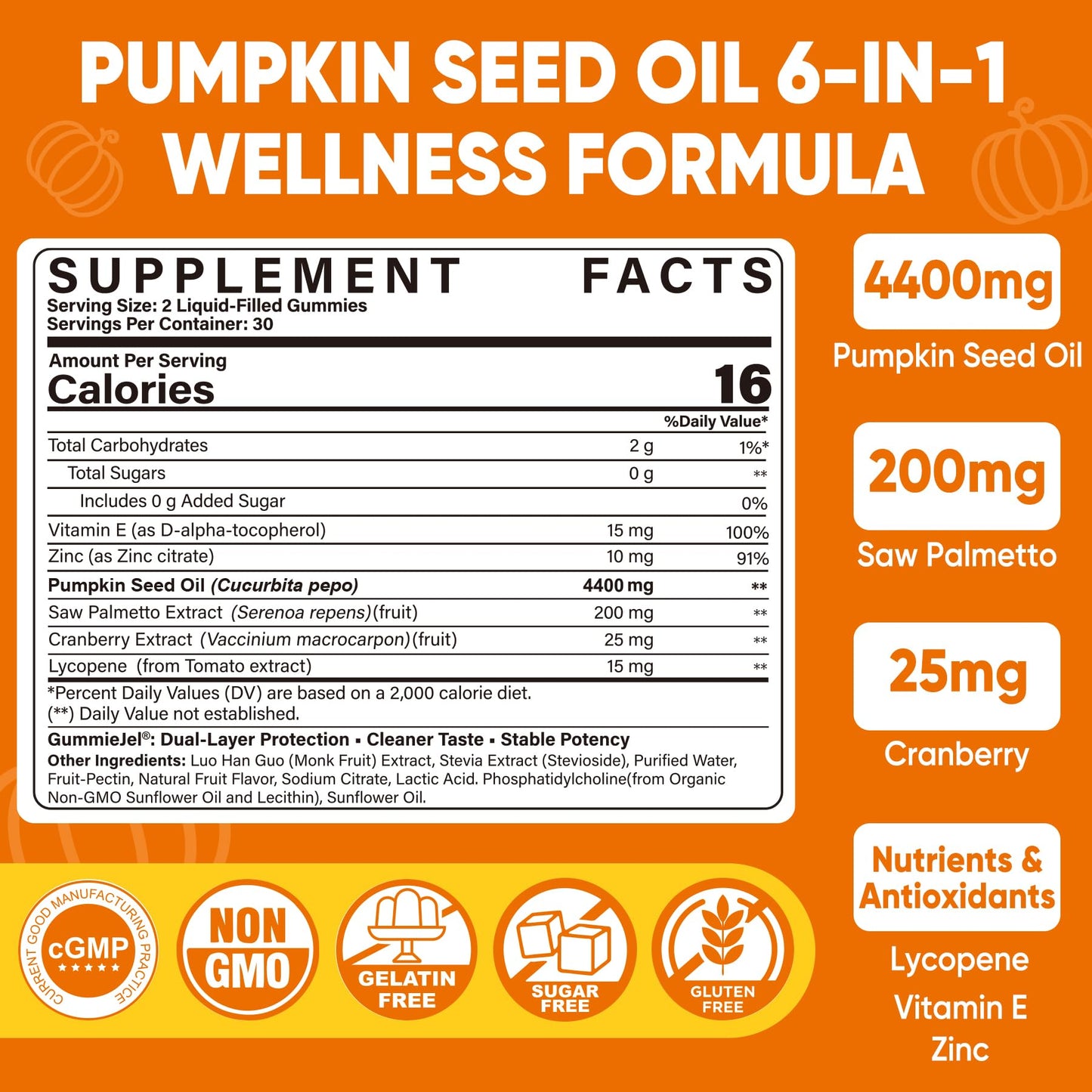 Pumpkin Seed Oil Gummies 4400mg with Saw Palmetto, GLP-1 Friendly, Cranberry, Lycopene, Vitamin E, Zinc, Cold Pressed, Pure Virgin Pumpkin Seed Oil with Essential Fatty Acid for Women & Men, 60 Count