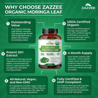 Zazzee USDA Organic Moringa Leaf 20:1 Extract, 180 Vegan Capsules, 3 Month Supply, Certified Kosher, Moringa Oleifera, Antioxidant, Immune & Cellular Support, Superfood Supplement, Made in the USA