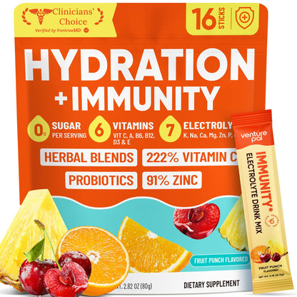 Venture Pal Sugar Free Hydration Packets+Immune-Liquid Daily IV Drink Mix | Electrolyte Powder with 7 Electrolytes & 6 Vitamins, Probiotics + Elderberry | Non-GMO, Keto Friendly, Vegan | 16 Sticks