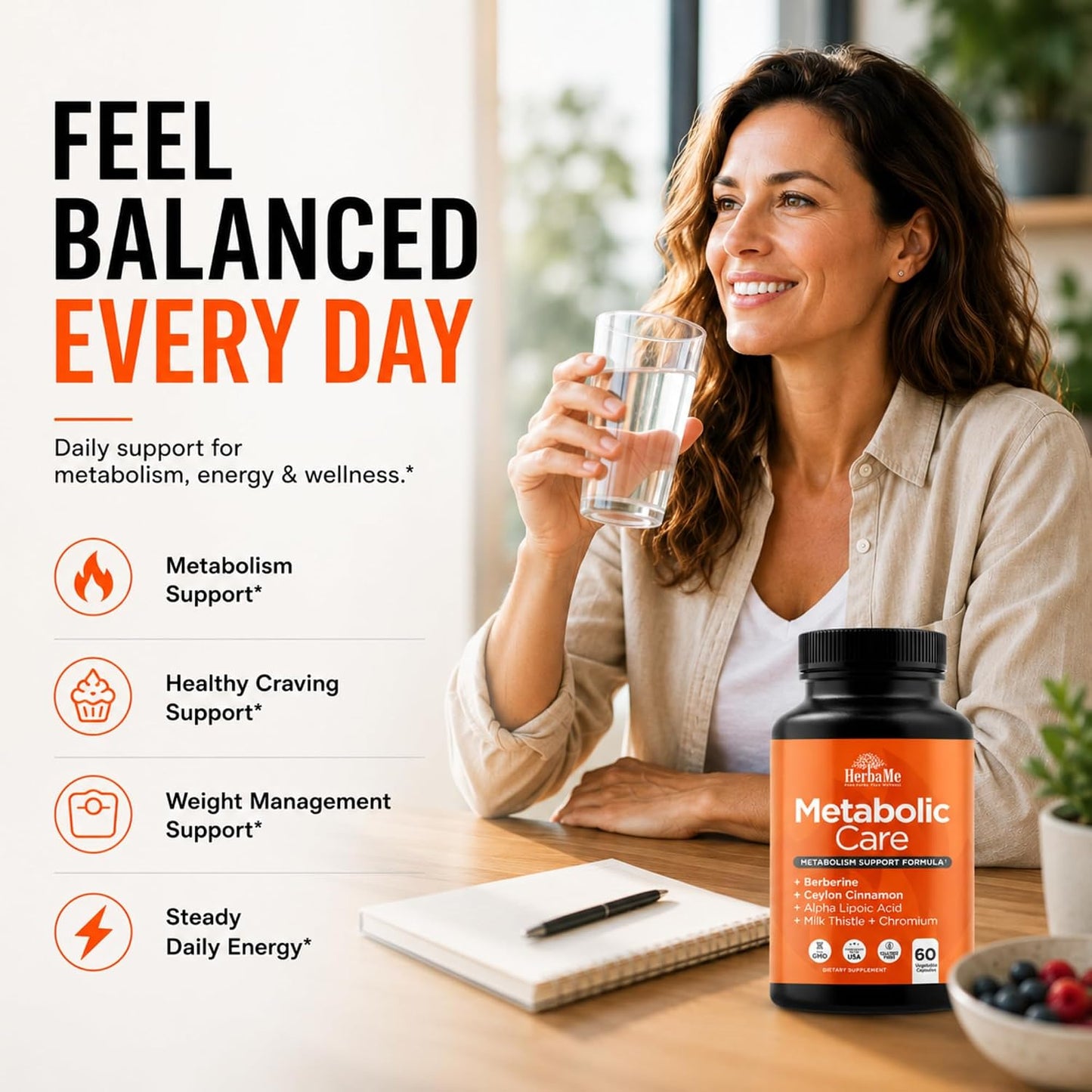 HerbaMe Berberine Supplement with Ceylon Cinnamon, Chromium, Alpha Lipoic Acid, Metabolic Care Supports Metabolism & Cardiovascular Health and Immune System, Helps Maintain Steady Energy Levels