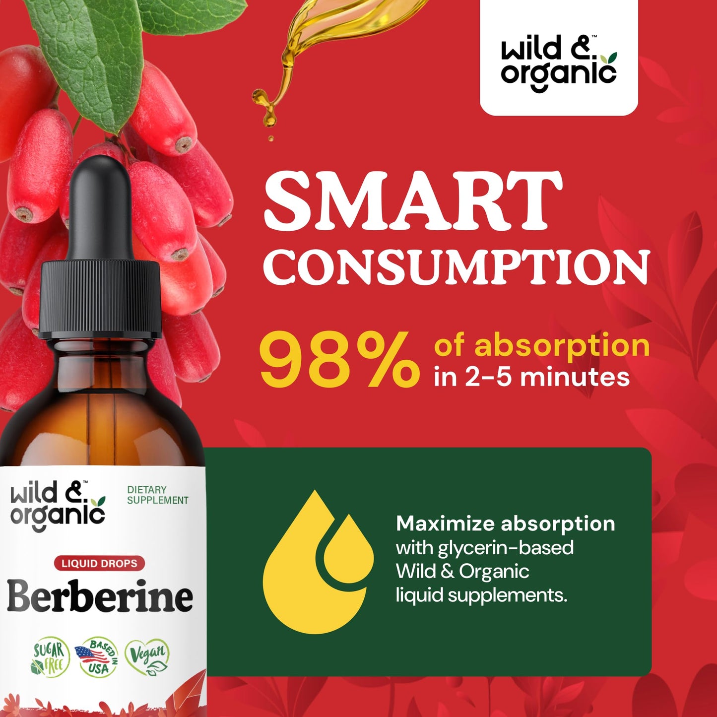 Wild & Organic Berberine Drops - Antioxidant Support - Liquid Berberine HCL 500mg - Add to Tea Supplement - Berberis Aristata Bark Extract - Pure, Vegan, Alcohol & Sugar-Free Tincture - 4 fl oz
