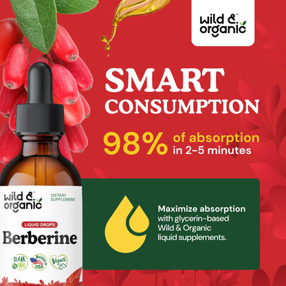 Wild & Organic Berberine Drops - Antioxidant Support - Liquid Berberine HCL 500mg - Add to Tea Supplement - Berberis Aristata Bark Extract - Pure, Vegan, Alcohol & Sugar-Free Tincture - 4 fl oz